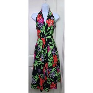 Vtg 70s Tropical Print Fit & Flare Halter Neck V Back Sarah Taylor Dress Size 7
